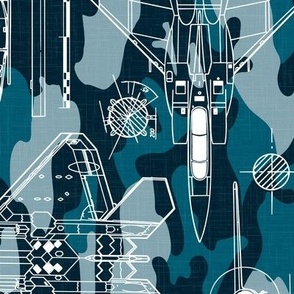 Large Scale / Rotated / Aircraft Blueprint / Petrol Teal Blue Camouflage Linen Textured Background