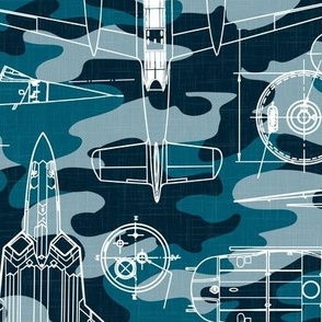 Large Scale / Aircraft Blueprint / Petrol Teal Blue Camouflage Linen Textured Background
