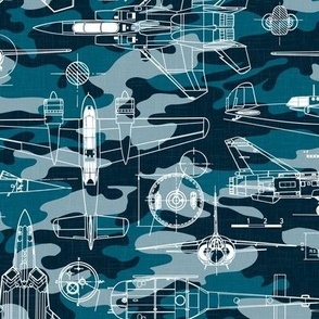 Medium Scale / Aircraft Blueprint / Petrol Teal Blue Camouflage Linen Textured Background