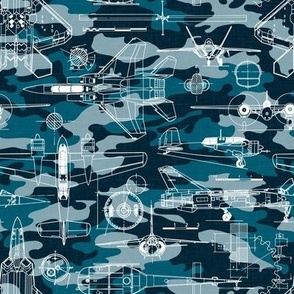 Small Scale / Aircraft Blueprint / Petrol Teal Blue Camouflage Linen Textured Background