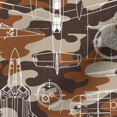 Large Scale / Aircraft Blueprint / Rust Maroon Beige Camouflage Linen Textured Background