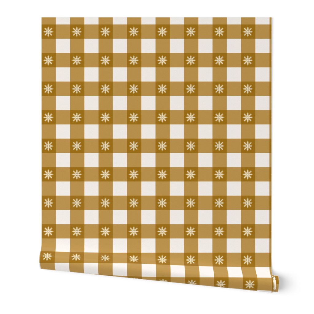 Gingham Checked Pattern cottagecore xmas ochre mustard yellow with snowflake 