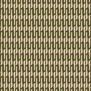 411 - Small scale organic s curve in dark olive green and cream stacked linear two-directional shapes for retro kids and children's apparel, home décor,  bag making, patchwork and quilting