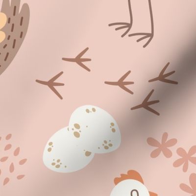 X-Large Chicken chicks eggs with flowers and chicken feet in light pink 48in x 48in