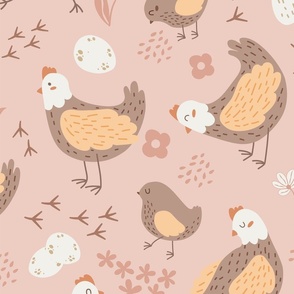 X-Large Chicken chicks eggs with flowers and chicken feet in light pink 48in x 48in