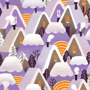 Normal // Winter cabin village in purple half drop