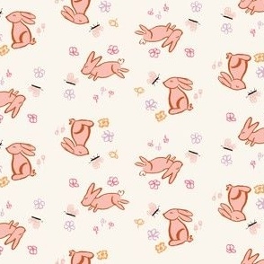 cute hand drawn Easter bunnies and butterflies in meadow flowers /small/ light cream for little girls dresses and accessories 