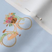 Pink vintage bicycle on light blue with spring flowers in a basket / small / watercolor