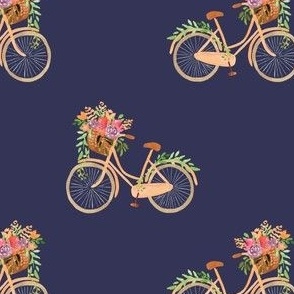 Pink vintage bicycle on navy blue with spring flowers in a basket / small / watercolor on dark blue