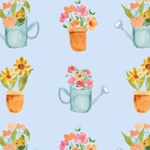 watering cans and terracotta flower pots with spring florals on pastel blue / small / watercolor gardening