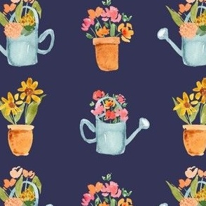watering cans and terracotta flower pots with spring florals on dark navy blue / small / watercolor gardening