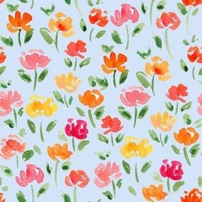 bloomcore  flower fields in pink, yellow and orange, watercolor poppies and tulips / small / light pastel blue spring floral