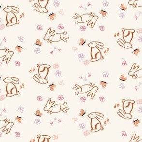 cute hand drawn Easter bunnies and butterflies in meadow flowers /small/ light cream for little girls dresses and accessories 