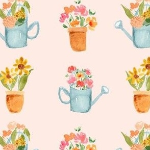 watering cans and terracotta flower pots with spring florals on light pink/ small / watercolor gardening