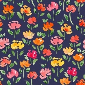 bloomcore flower fields in pink, yellow and orange, watercolor poppies and tulips / small / dark navy blue spring floral