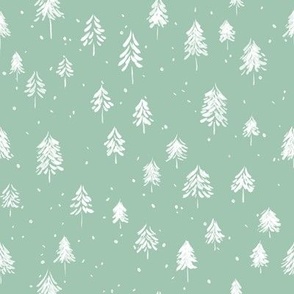 Winter Evergreen Trees in Watercolor | White on Light Green | Small Scale