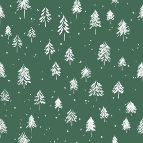 Winter Evergreen Trees in Watercolor | White on Dark Green | Small Scale