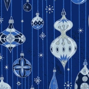 Kitsch retro style atomic baubles pattern design “Surrealist baubles” in blues, grey and yellow