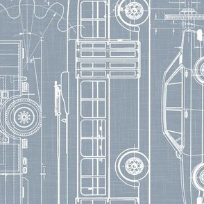 Large Scale / Rotated / City Traffic Blueprint / Dusty Blue Linen Textured Background