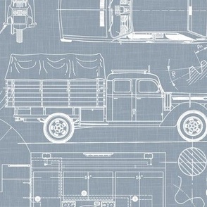 Large Scale / City Traffic Blueprint / Dusty Blue Linen Textured Background