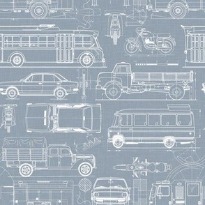 Small Scale / City Traffic Blueprint / Dusty Blue Linen Textured Background