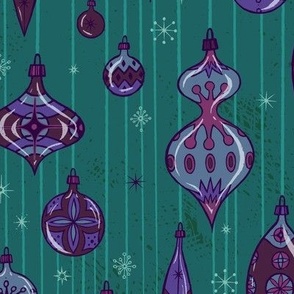 Kitsch retro style atomic baubles pattern design “Surrealist baubles” in green, purples and pinks