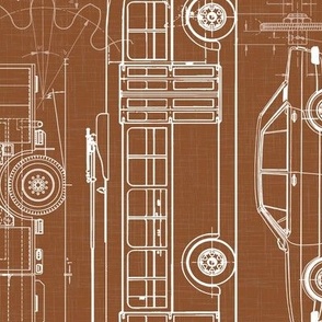 Large Scale / Rotated / City Traffic Blueprint / Rust Linen Textured Background