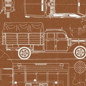 Large Scale / City Traffic Blueprint / Rust Linen Textured Background