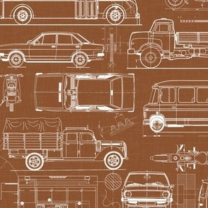 Medium Scale / City Traffic Blueprint / Rust Linen Textured Background