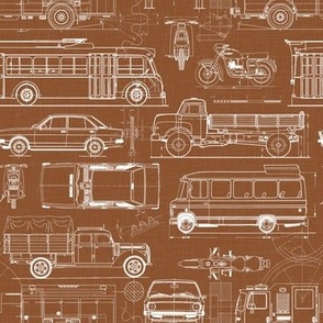 Small Scale / City Traffic Blueprint / Rust Linen Textured Background