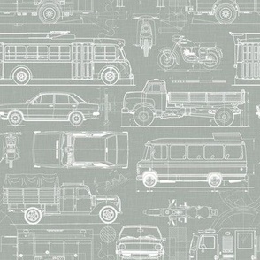 Small Scale / City Traffic Blueprint / Sage Linen Textured Background