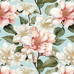 French Rose Garden #8 in Blush and Ivory on Pale Blue