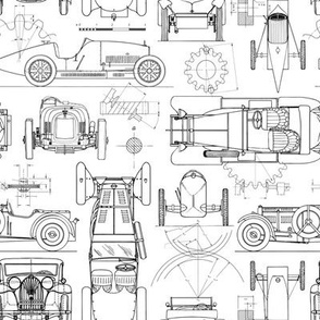 Small Scale / Oldtimer Race Cars Blueprint / Black on White Background