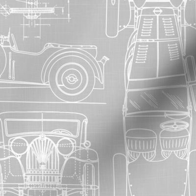 Large Scale / Oldtimer Race Cars Blueprint / Cool Grey Linen Textured Background