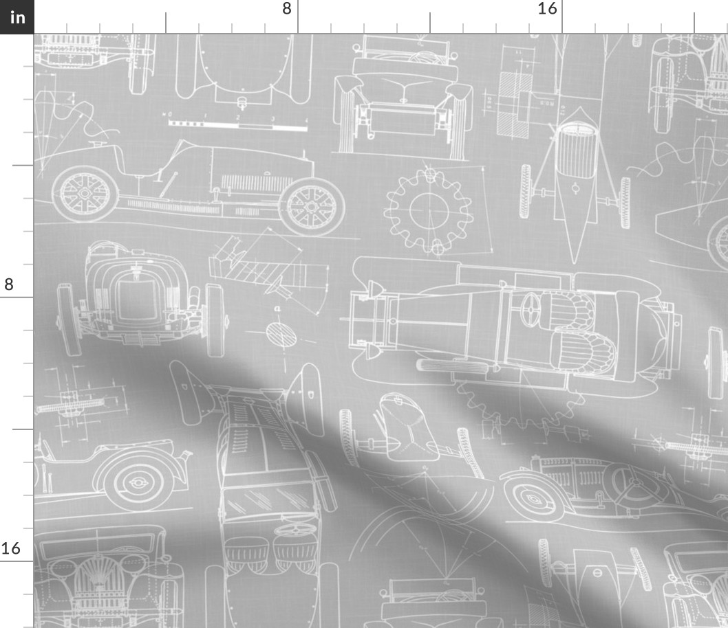 Large Scale / Oldtimer Race Cars Blueprint / Cool Grey Linen Textured Background