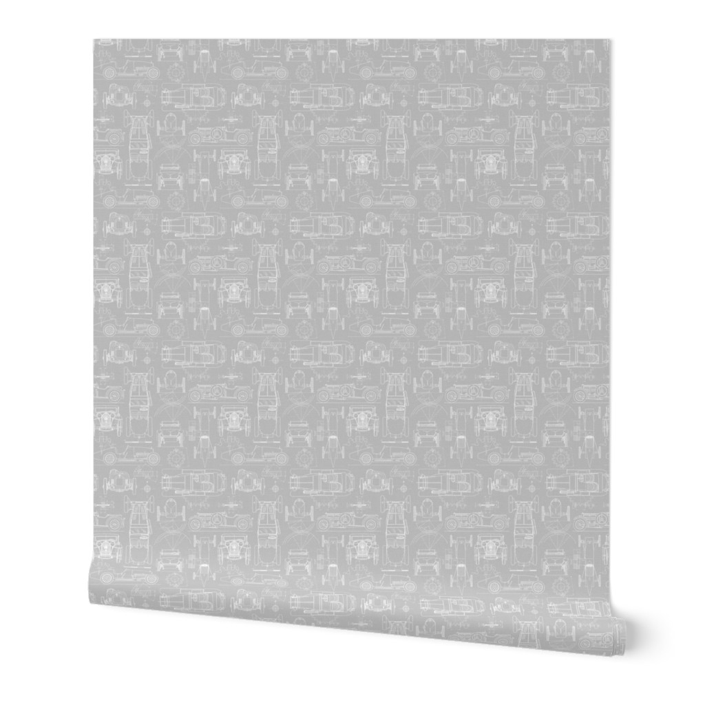 Small Scale / Oldtimer Race Cars Blueprint / Cool Grey Linen Textured Background