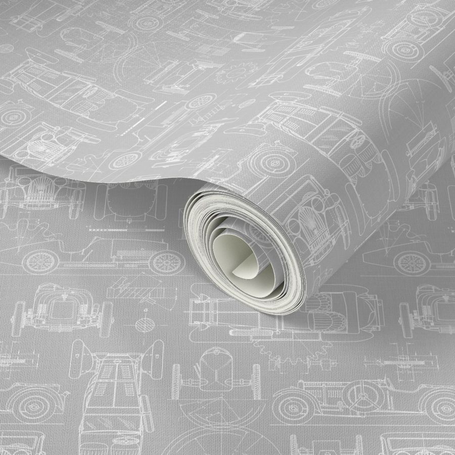 Small Scale / Oldtimer Race Cars Blueprint / Cool Grey Linen Textured Background