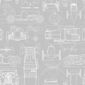 Small Scale / Oldtimer Race Cars Blueprint / Cool Grey Linen Textured Background