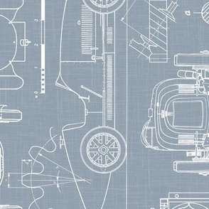 Large Scale / Rotated / Oldtimer Race Cars Blueprint / Dusty Blue Linen Textured Background