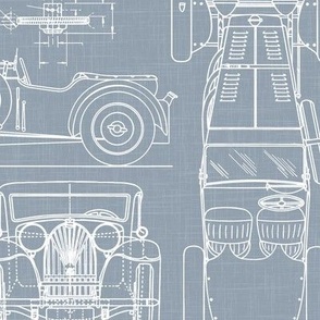 Large Scale / Oldtimer Race Cars Blueprint / Dusty Blue Linen Textured Background