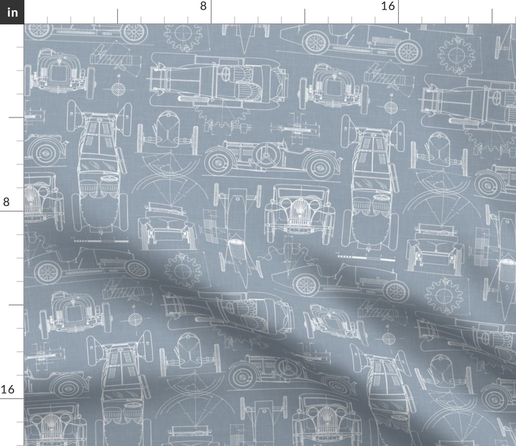 Medium Scale / Oldtimer Race Cars Blueprint / Dusty Blue Linen Textured Background