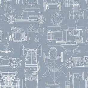 Small Scale / Oldtimer Race Cars Blueprint / Dusty Blue Linen Textured Background