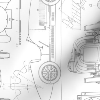 Large Scale / Rotated / Oldtimer Race Cars Blueprint / Grey on White Background