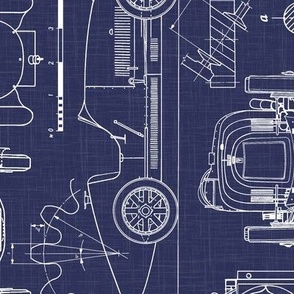 Large Scale / Rotated / Oldtimer Race Cars Blueprint / Navy Background