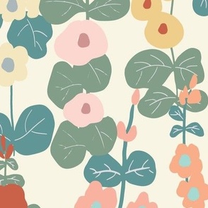 Modern abstract floral, Soft Pastel Whimsical,  Bold Spring Floral, hollyhock Flowers// Large Scale