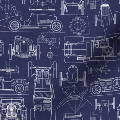 Small Scale / Oldtimer Race Cars Blueprint / Navy Background
