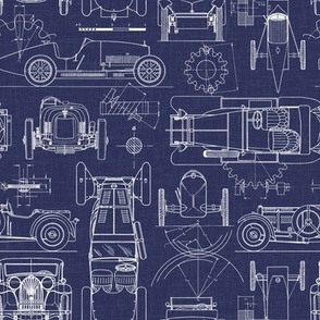 Small Scale / Oldtimer Race Cars Blueprint / Navy Background
