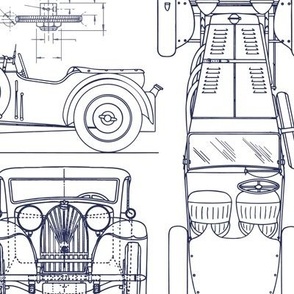 Large Scale / Oldtimer Race Cars Blueprint / Navy on White Background