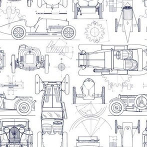 Small Scale / Oldtimer Race Cars Blueprint / Navy on White Background