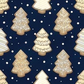 Silver and Gold Christmas Tree Sugar Cookies on Dark Blue